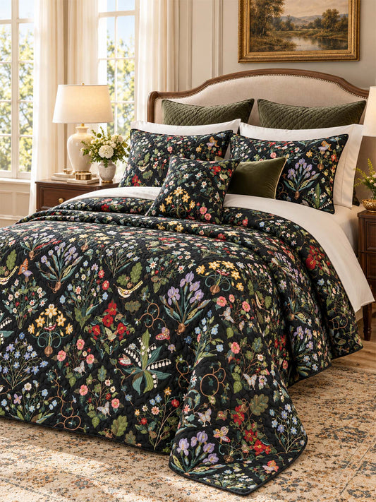 Midnight Butterfly Wildflower Garden Quilted 3-Piece Bedding Set