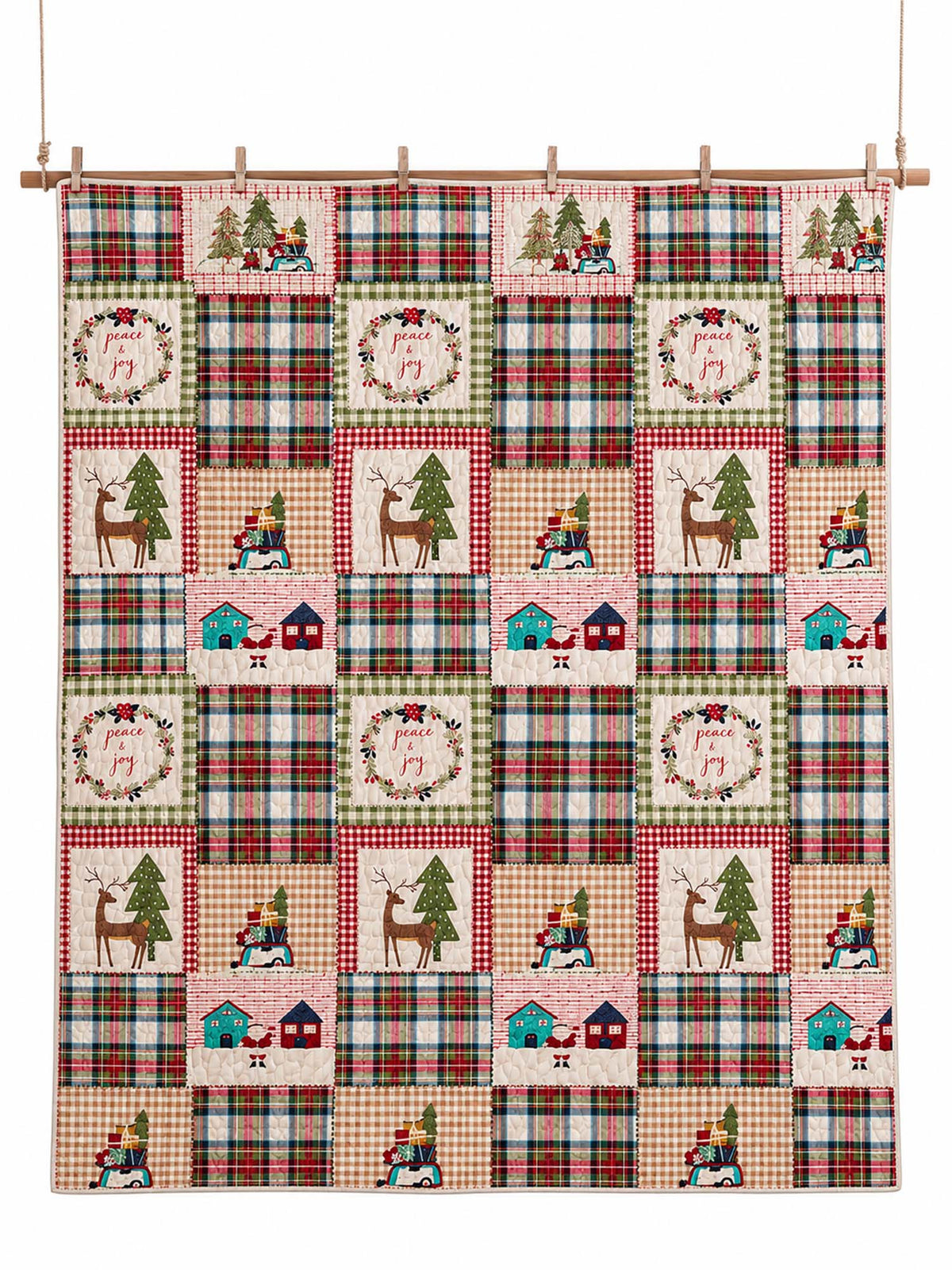 Plaid Deer Cottage Peace & Joy Patchwork Quilted 3-Piece Bedding Set