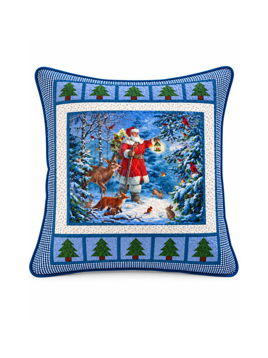 Santa's Winter Woodland Blue Gingham Quilted Pillow Cover