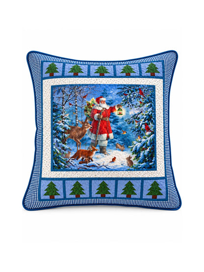 Santa's Winter Woodland Blue Gingham Quilted Pillow Cover