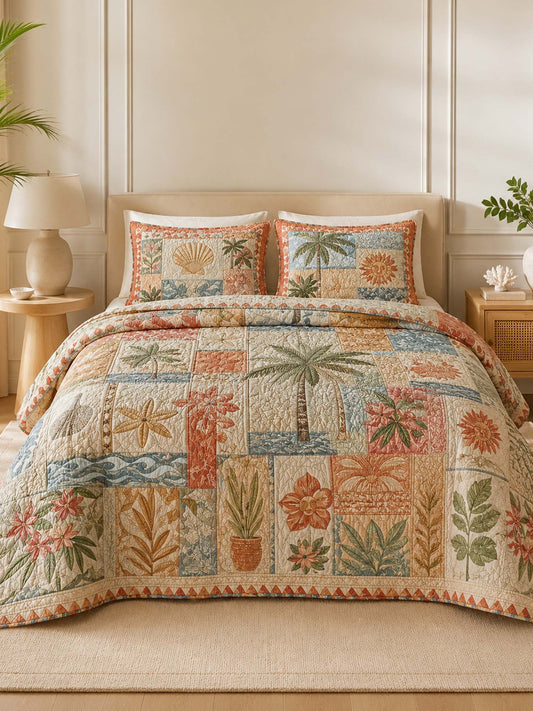 H.PAI Tropical Botanical Quilted 3-Piece Bedding Set