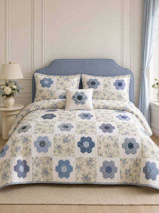 H.PAI Blue Floral Hexagon Patchwork Quilted 3-Piece Bedding Set