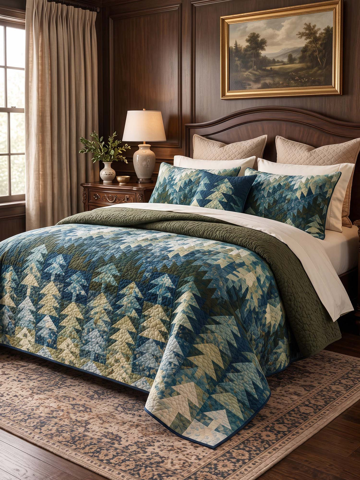 Rustic Pine Forest Blue Green Patchwork Quilted 3-Piece Bedding Set