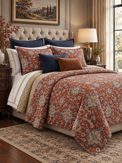 Rust Red Vintage Floral Quilted 3-Piece Bedding Set