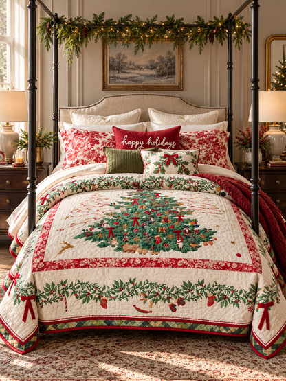 Vintage Christmas Tree and Holly Quilted 3-Piece Bedding Set