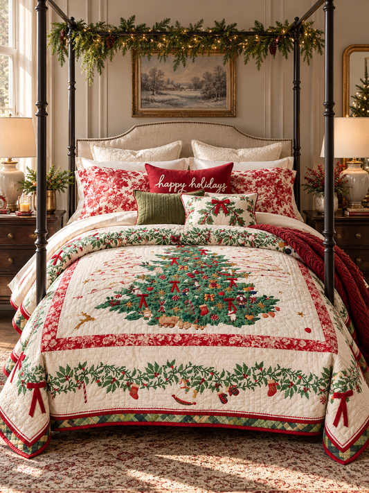 Vintage Christmas Tree and Holly Quilted 3-Piece Bedding Set