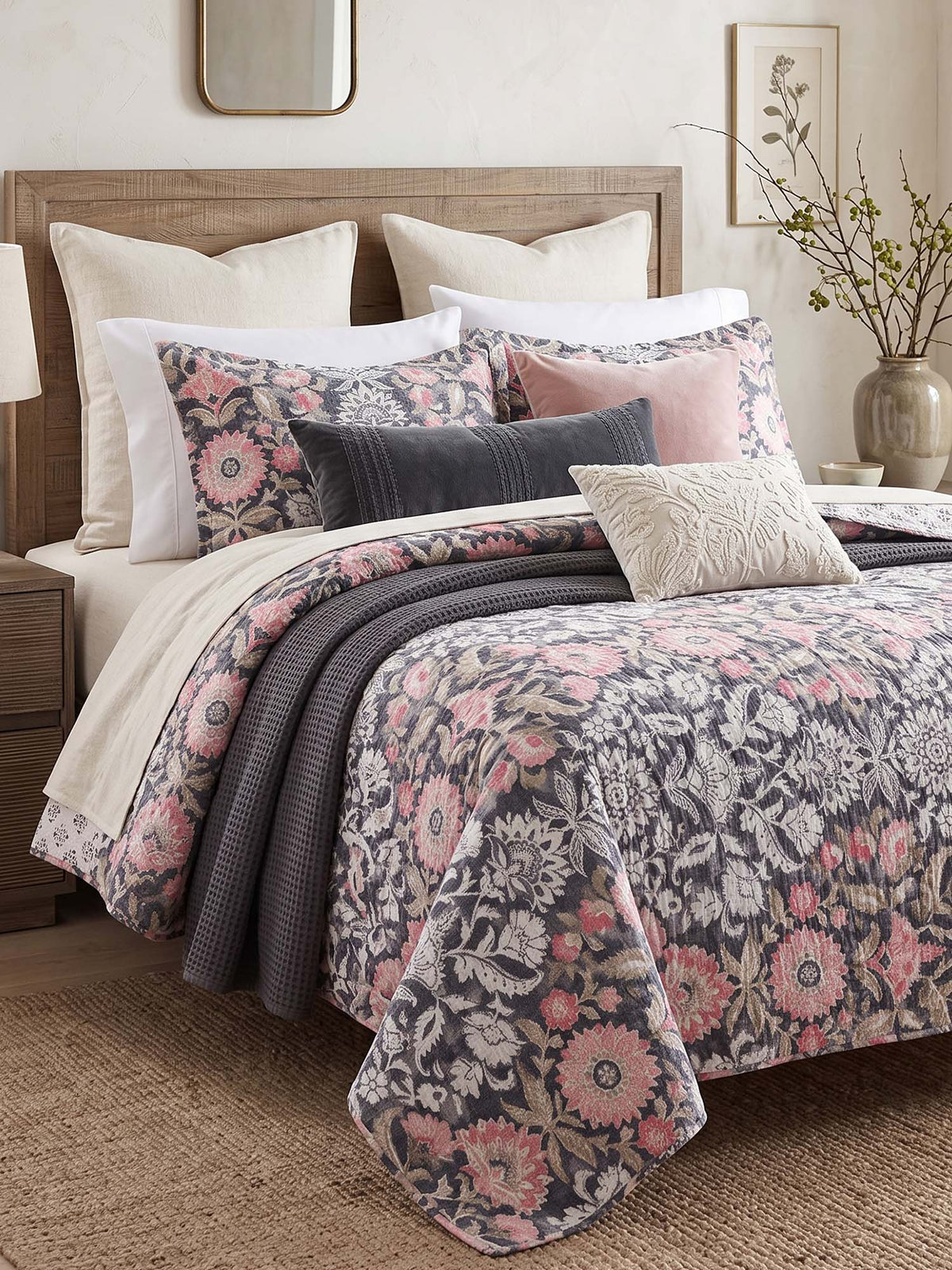 Vintage Charcoal Floral Garden 100% Cotton Quilted 3-Piece Bedding Set
