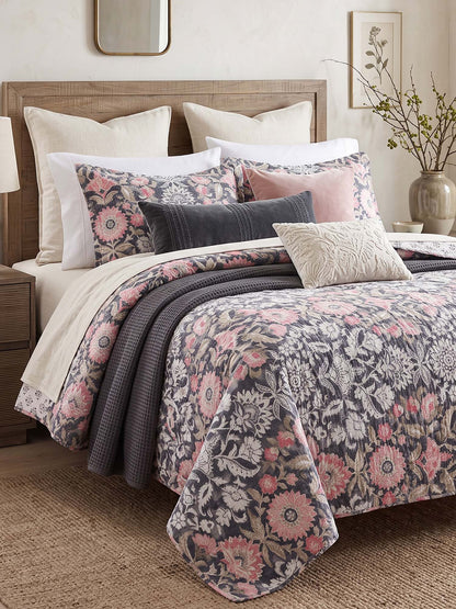 Vintage Charcoal Floral Garden 100% Cotton Quilted 3-Piece Bedding Set