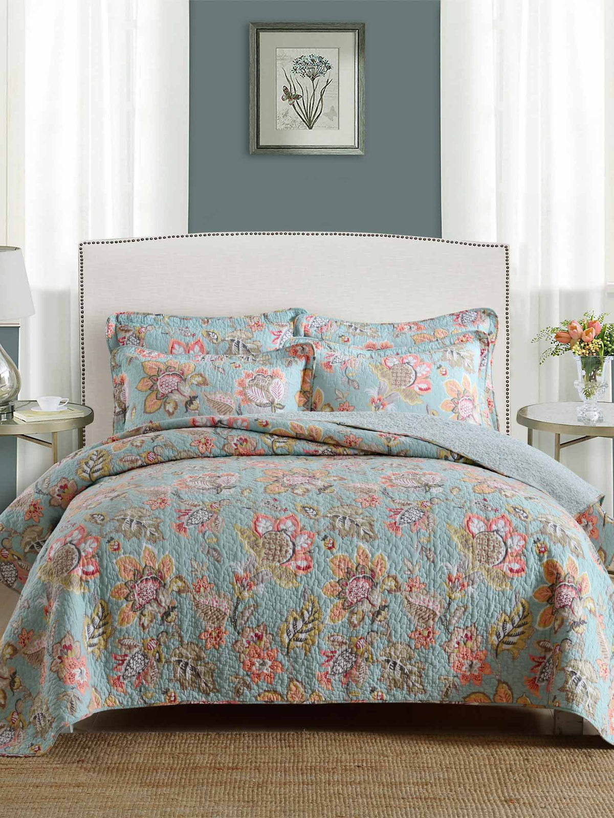 Teal Blue Vintage Garden Harvest Floral Patchwork Quilted 3‑Piece Bedding Set
