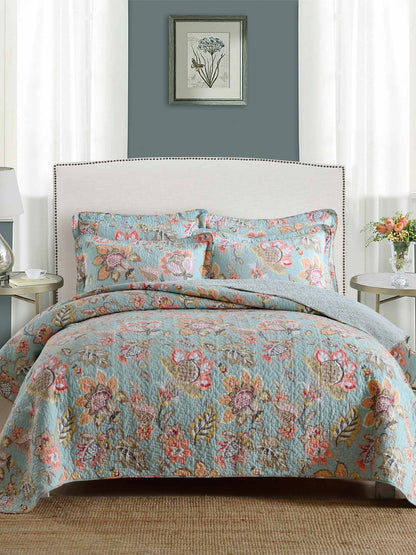 Teal Blue Vintage Garden Harvest Floral Patchwork Quilted 3‑Piece Bedding Set