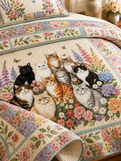 H.PAI Garden Cat Gathering 3-Piece Quilted Bedding Set