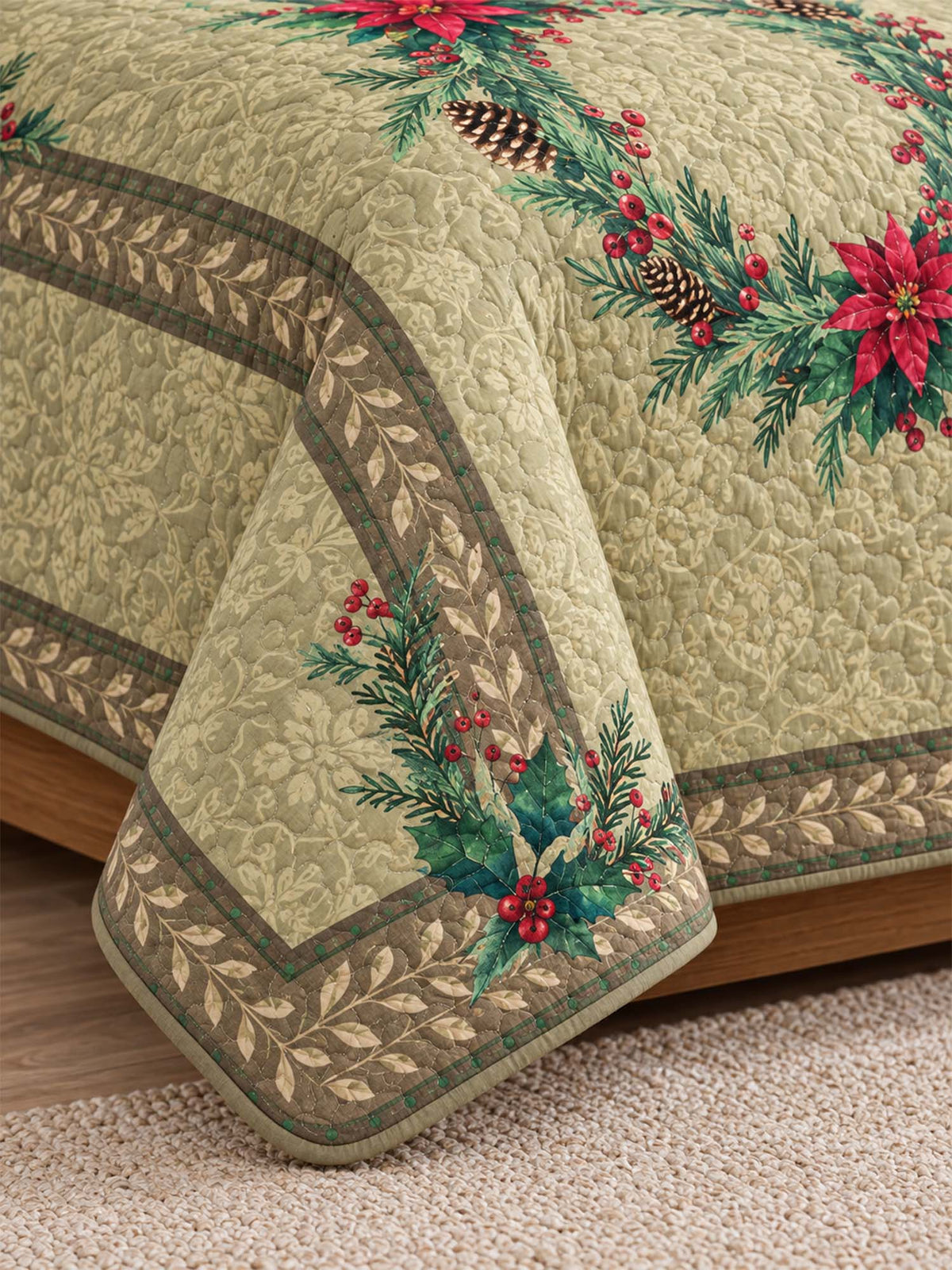 Poinsettia Christmas Wreath Quilted 3-Piece Bedding Set