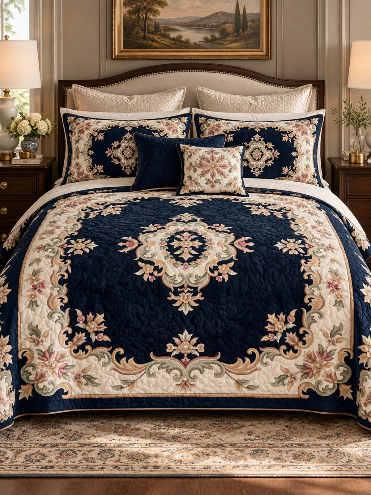 Vintage Floral Medallion Quilted 3-Piece Bedding Set