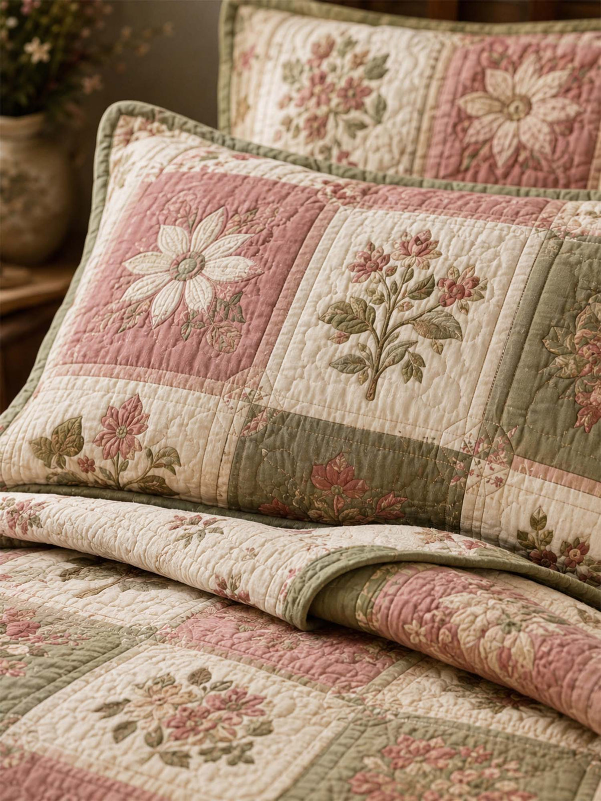 H.PAI Vintage Floral Patchwork Quilted 3-Piece Bedding Set