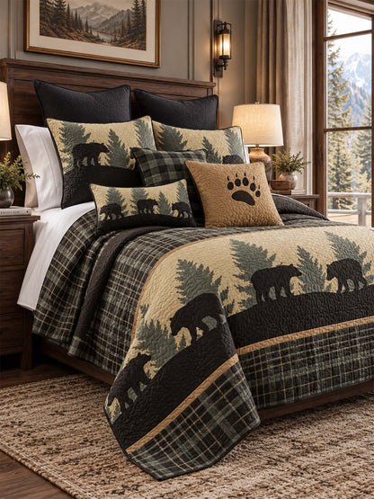 Black Bear Forest Plaid Quilted 3-Piece Bedding Set
