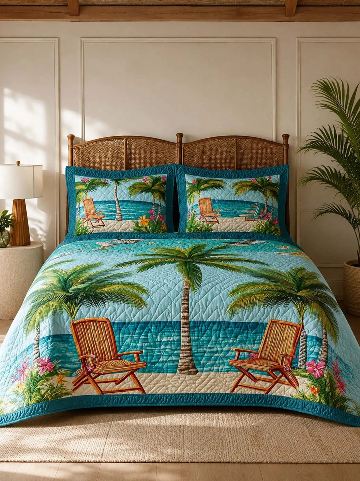 Tropical Palm Tree Quilted 3-Piece Bedding Set