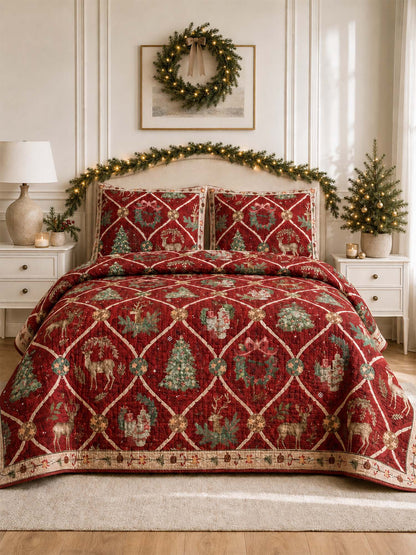 Reindeer Christmas Trellis Quilted 3-Piece Bedding Set