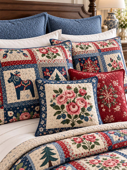 Swedish Dala Horse Floral Patchwork Quilted 3-Piece Bedding Set