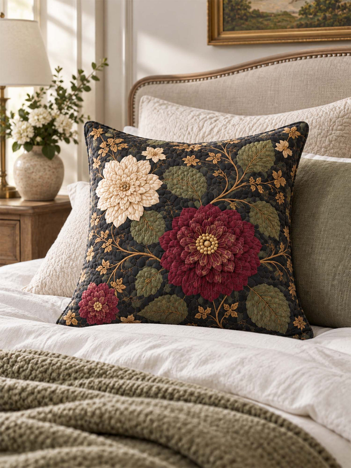 Burgundy Dahlia Dark Floral Quilted Pillow Cover