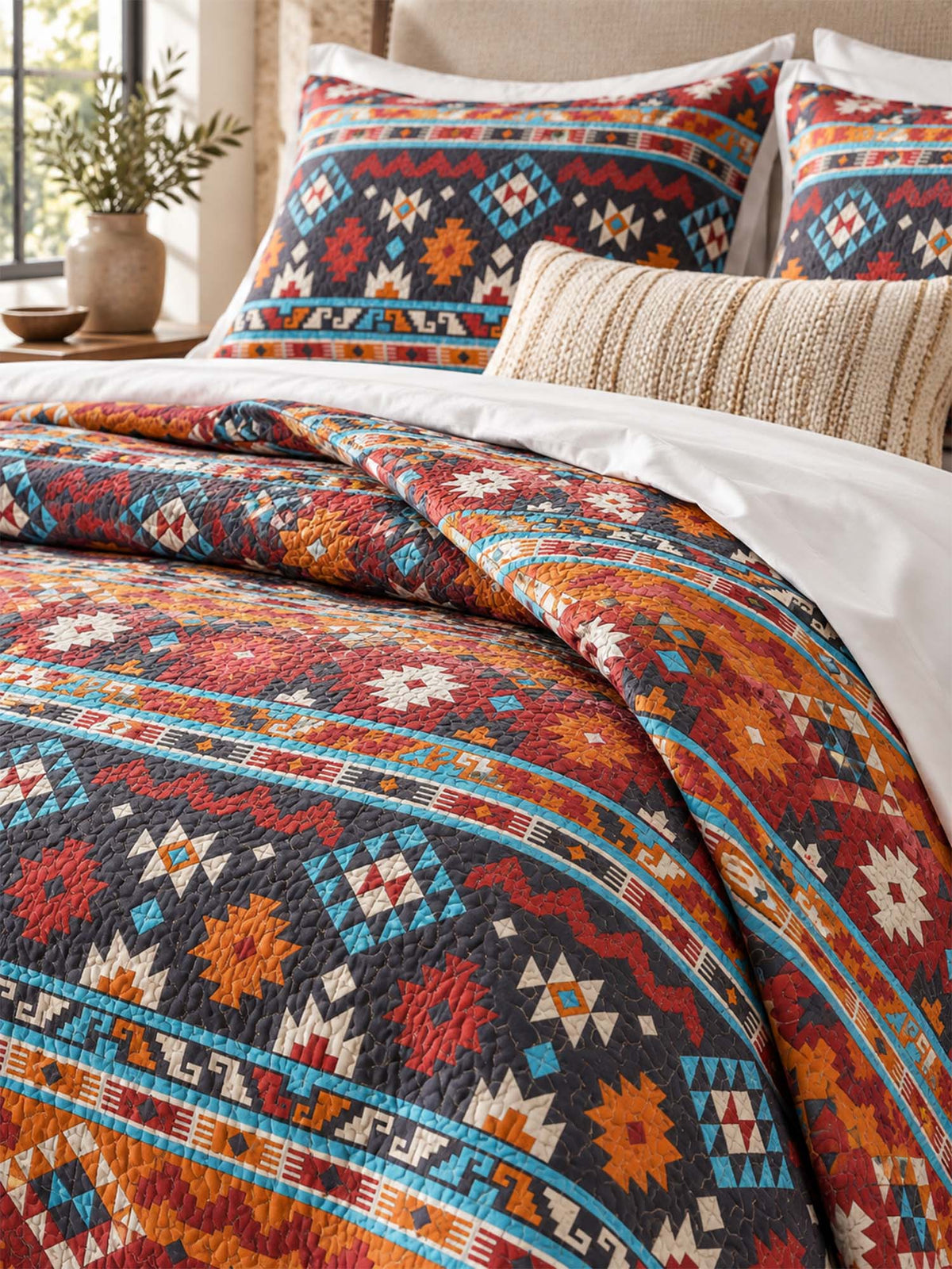 Southwestern Geometric Reversible 100% Cotton Quilted 3-Piece Bedding Set