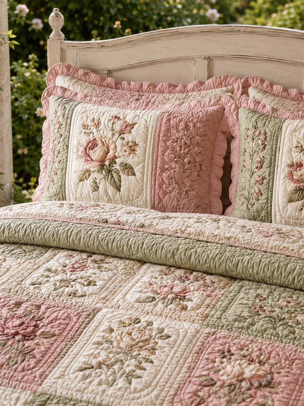 Vintage Rose Floral Quilted 3-Piece Bedding Set