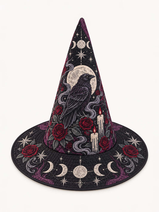 Moonlit Raven Rose Quilted Witch Hat – Gothic Celestial Halloween Hat