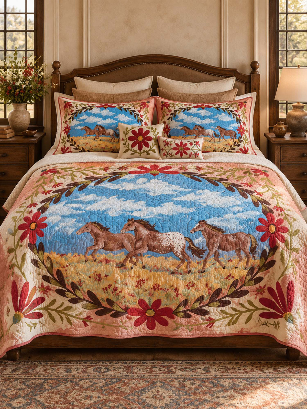Western Horse Floral Quilted 3-Piece Bedding Set