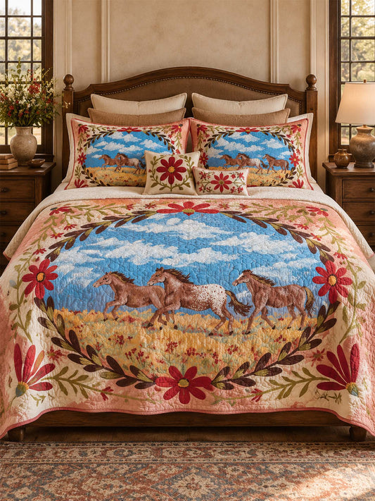 Western Horse Floral Quilted 3-Piece Bedding Set