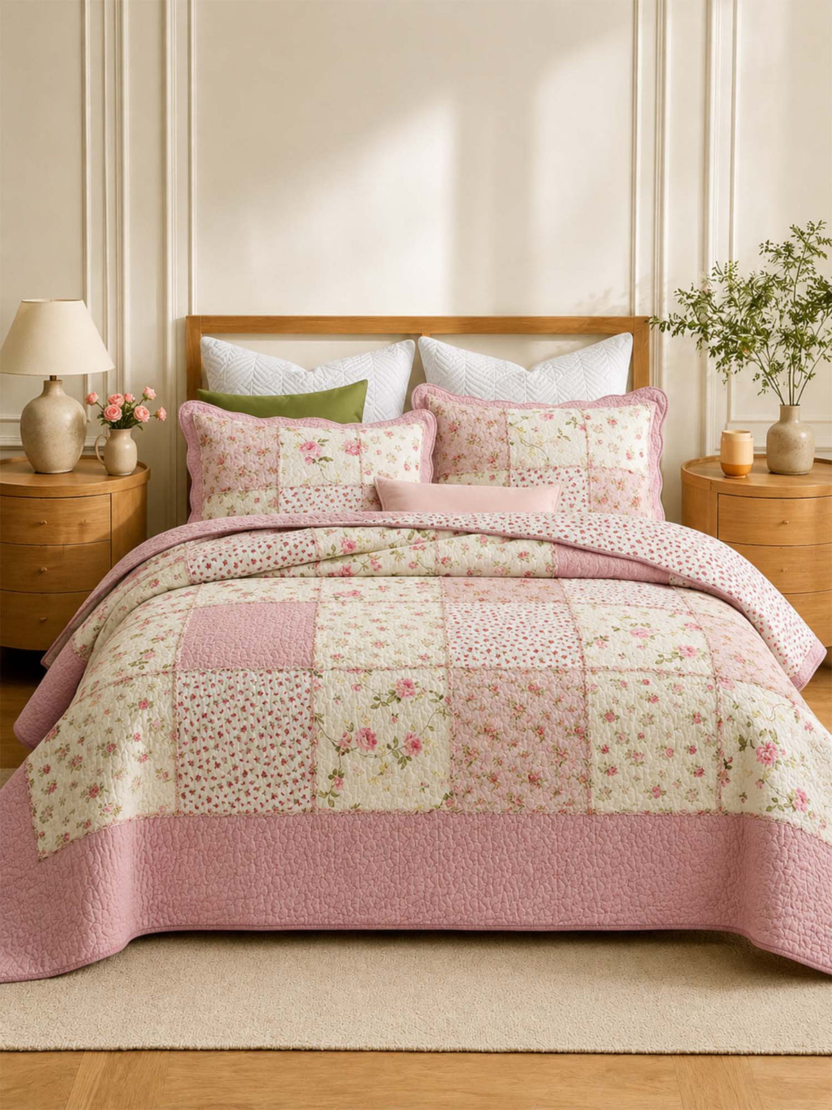 Rose Cottage Patchwork Quilted 3-Piece Bedding Set