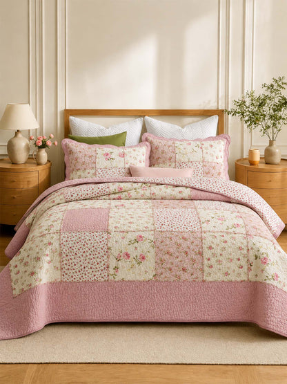 Rose Cottage Patchwork Quilted 3-Piece Bedding Set