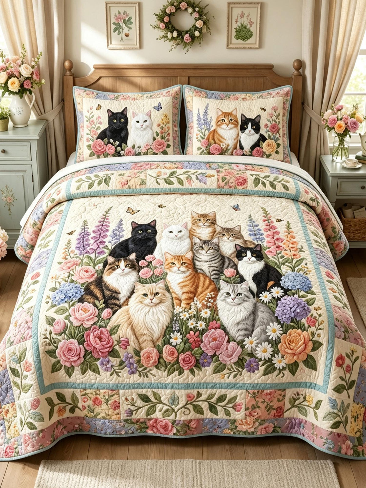 H.PAI Garden Cat Gathering 3-Piece Quilted Bedding Set