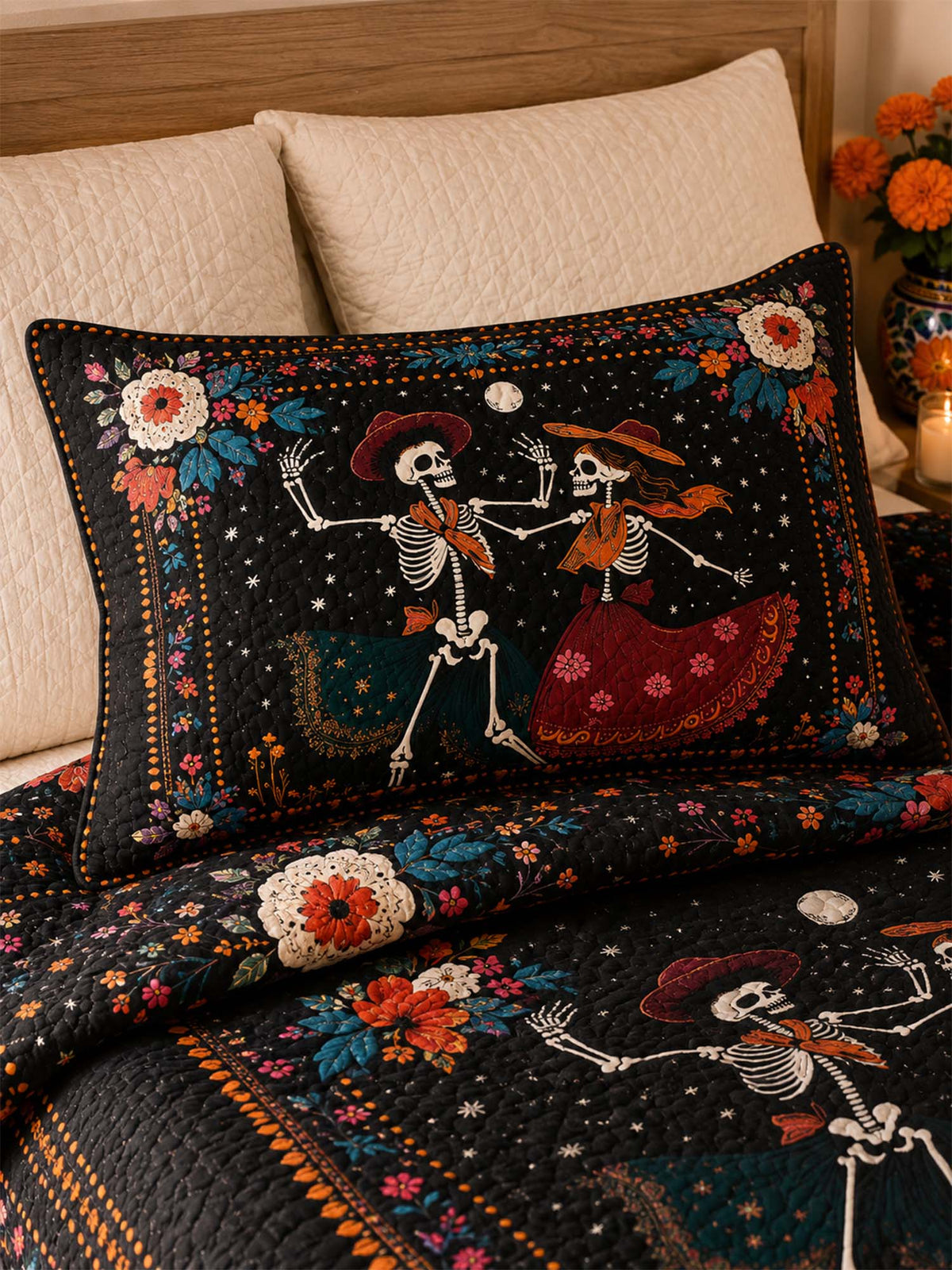 Dancing Skeletons Day of the Dead Quilted 3-Piece Bedding Set