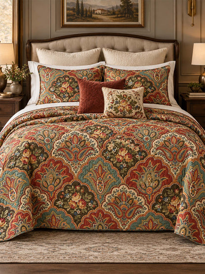 Vintage Paisley Floral Quilted 3-Piece Bedding Set