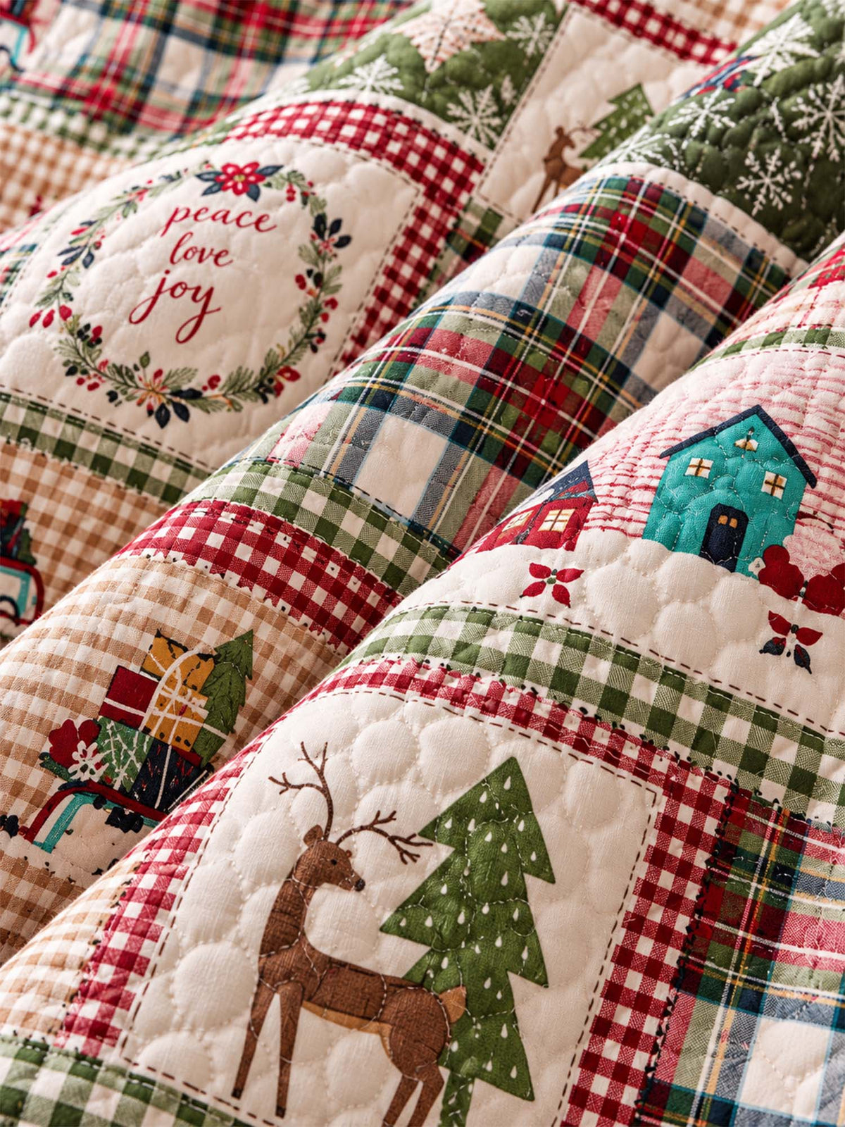 Plaid Deer Cottage Peace & Joy Patchwork Quilted 3-Piece Bedding Set