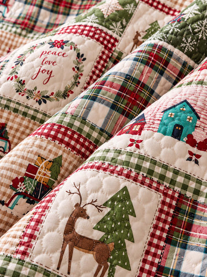 Plaid Deer Cottage Peace & Joy Patchwork Quilted 3-Piece Bedding Set