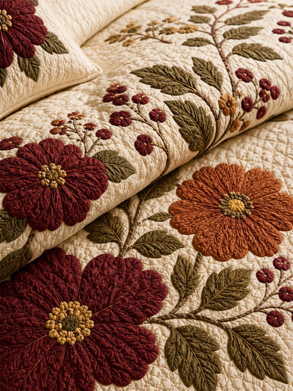 H.PAI Vintage Floral Quilted 3-Piece Bedding Set