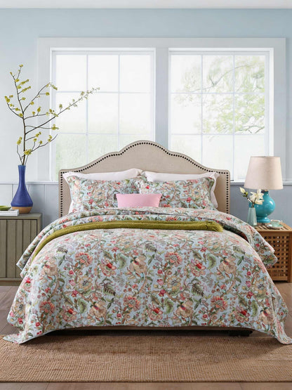 Light Blue Country Garden Floral Print Quilted 3‑Piece Bedding Set