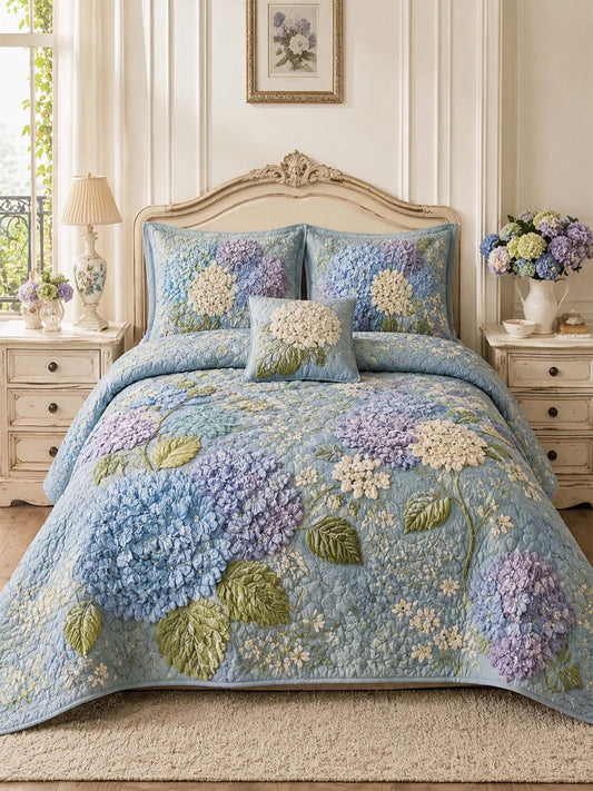 H.PAI Blue Hydrangea Floral Quilted 3-Piece Bedding Set