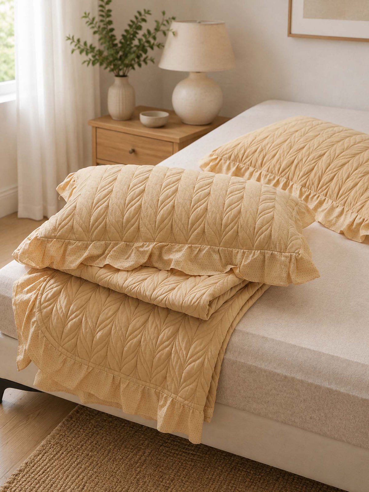 Sage Leaf Double-Layer Gauze Quilted 3-Piece Bedding Set