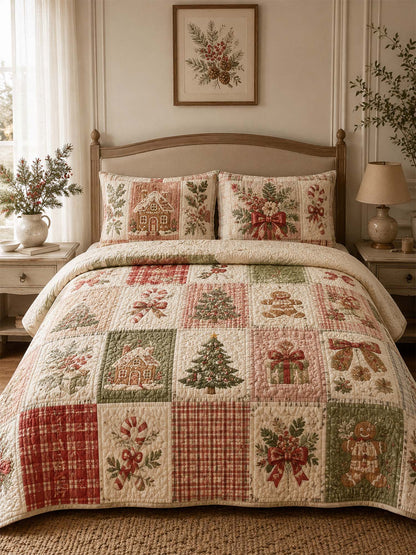 Gingerbread Christmas Patchwork Quilted 3-Piece Bedding Set