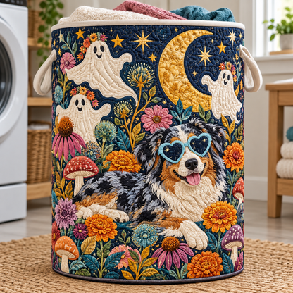 Gestoffe wasmand – Border Collie in de spooktuin bij volle maan