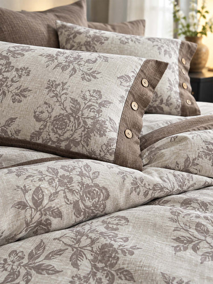 Vintage Botanical Floral Linen Cotton 4-Piece Duvet Cover Set