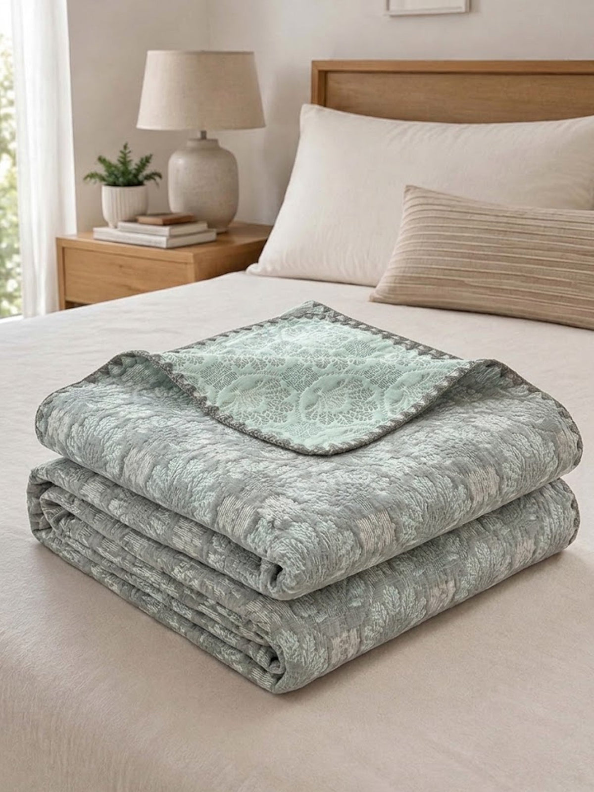 Vintage Sage Gray Damask Floral Jacquard Quilted Throw Three‑Layer Gauze Cotton Blanket