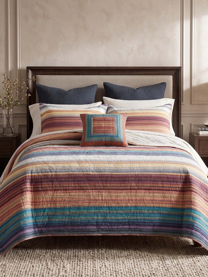 Retro Boho Multicolor Striped 100% Cotton Quilted 3-Piece Bedding Set