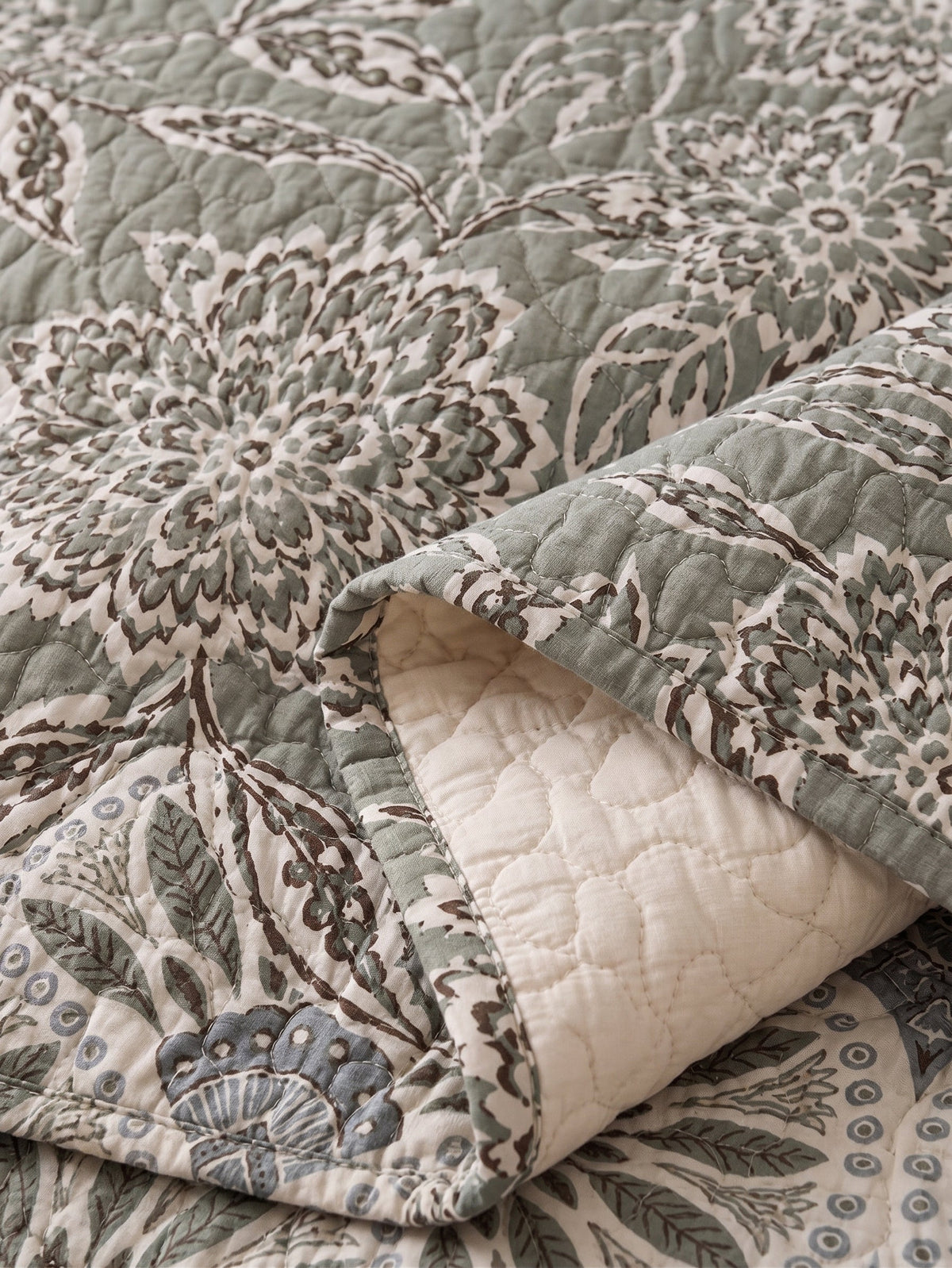 Sage Blue Botanical Medallion Quilted 3-Piece Bedding Set