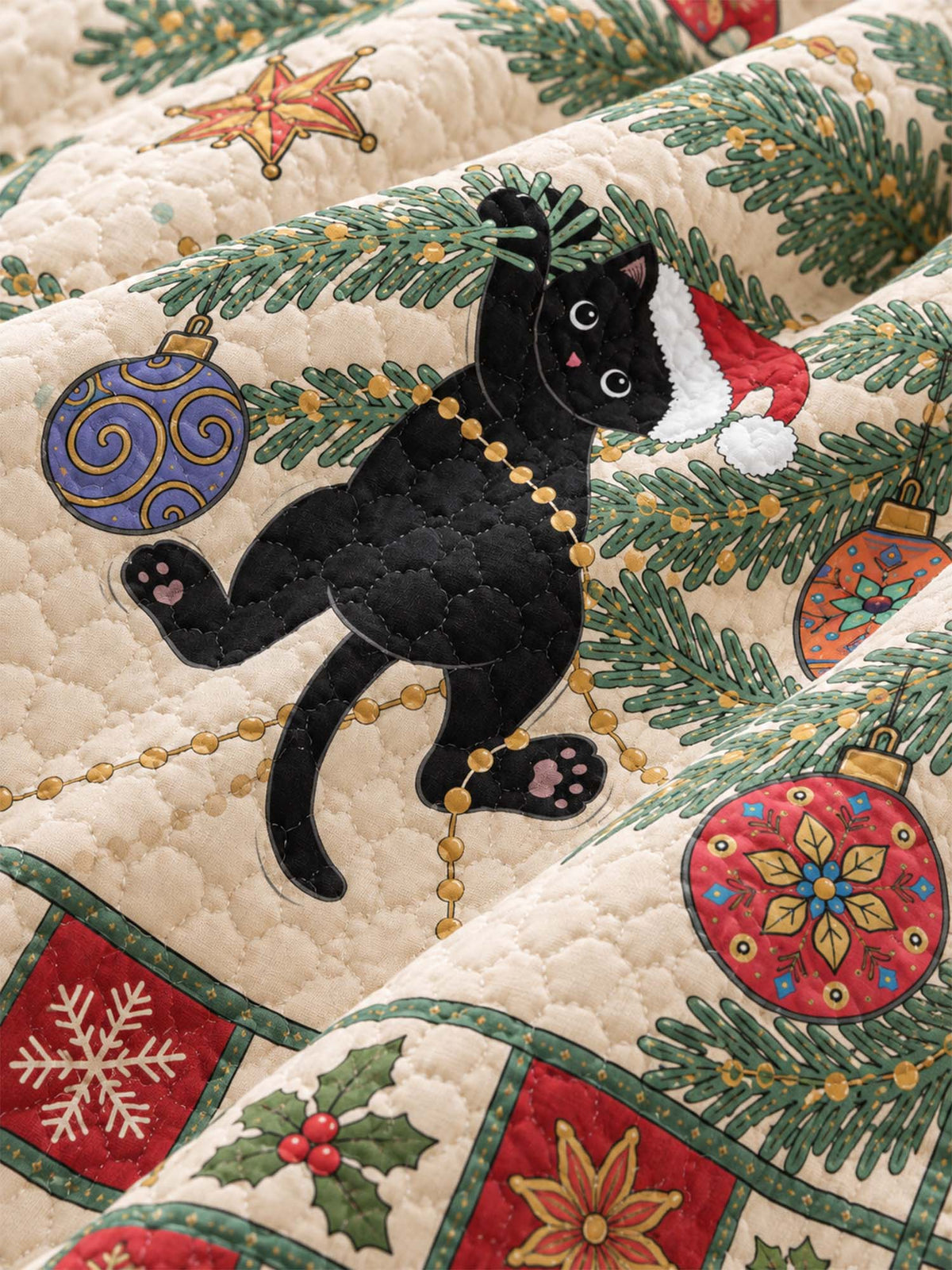 Festive Black Cat Christmas Quilted 3-Piece Bedding Set