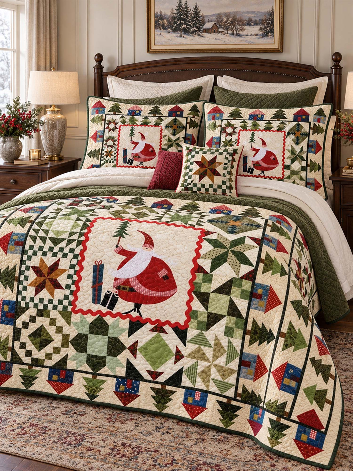 Woodland Santa Christmas Village Quilted 3-Piece Bedding Set