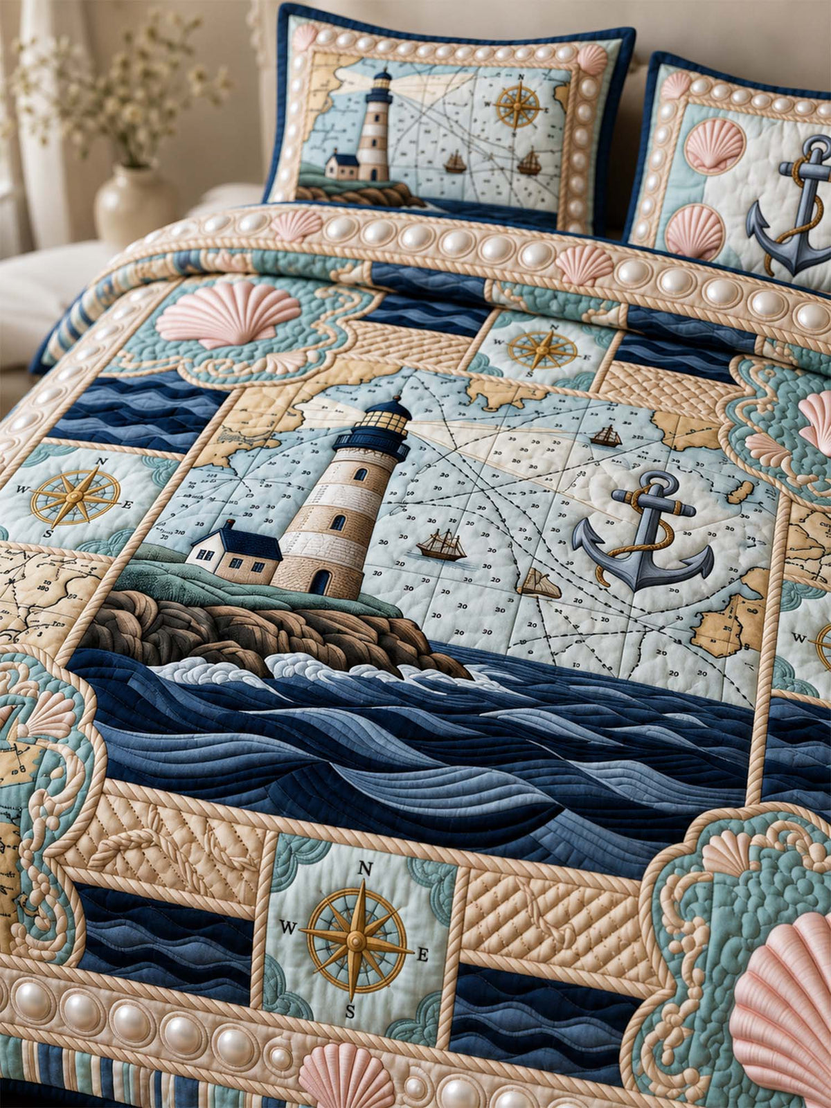 H.PAI Coastal Lighthouse Quilted 3-Piece Bedding Set