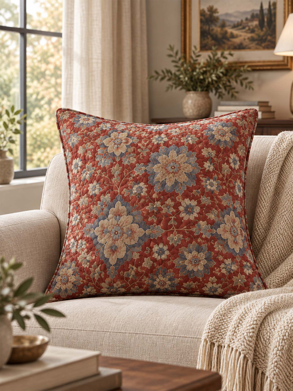 Rust Red Vintage Floral Quilted Pillow Cover