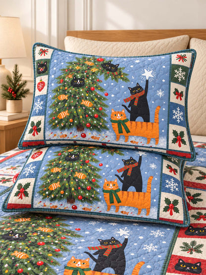 Christmas Tree Cats Quilted 3-Piece Bedding Set